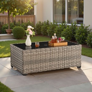 XIZZI Outdoor Coffee Table with Umbrella Base Insert, All-Weather Wicker Patio Table with Center Umbrella Hole, Rectangular Umbrella Table, Gray 1 - 1 of 3