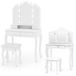 Costway Makeup Vanity Set with Tri-Fold Mirror & LED Lights Vanity Desk and Stool Set - 1 of 4
