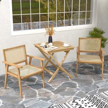 Costway 3 Pieces Patio Table Chair Set Wood Bistro Set with Natural Rattan Seat & Indonesia Teak Wood Frame