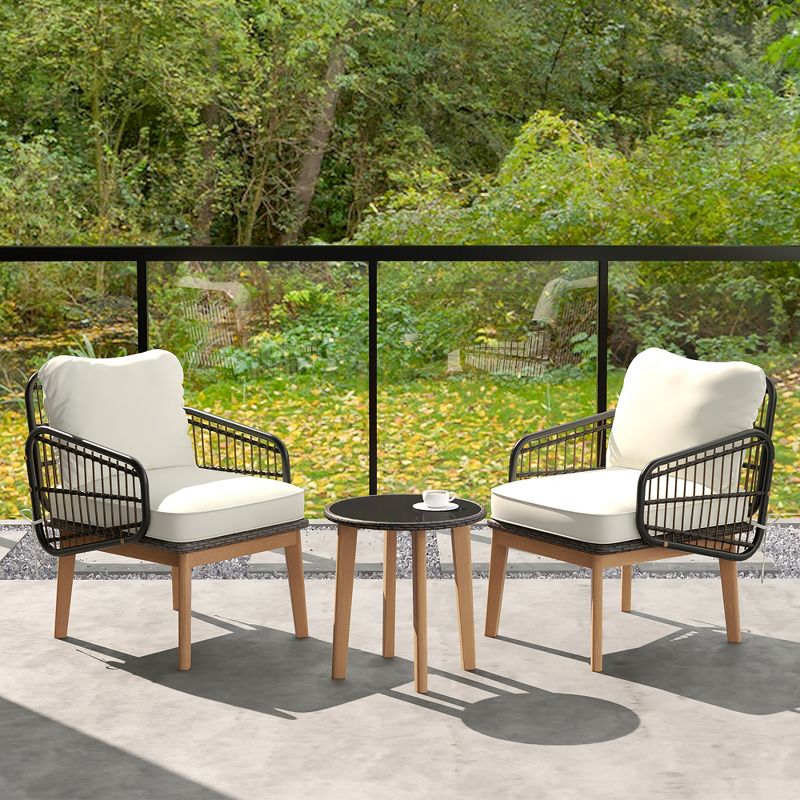 Tangkula 3 Piece Patio Chair Set Wicker Chair & Side Table Set w/ Soft Cushions & Tempered Glass Tabletop, 2 of 10