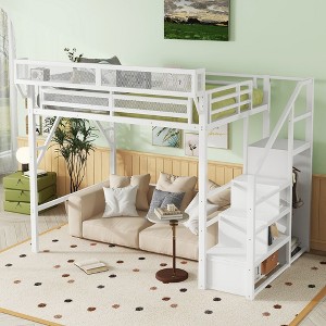 Lycvki Metal Loft Bed with Stairs and Storage Shelves - 1 of 4