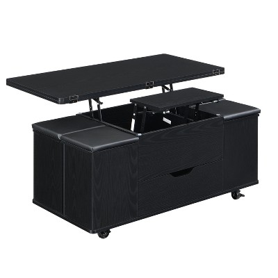 Vynxaria Modern Multi-Functional Lift-Top Coffee Table Hidden Storage, 4 Stools (w/Storage), Lockable Casters, Black, for Modern Living Spaces