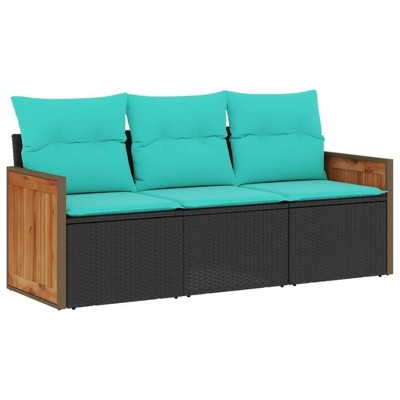 vidaXL 3 Piece Patio Sofa Set with Cushions Black Poly Rattan - Black and Blue Without Table