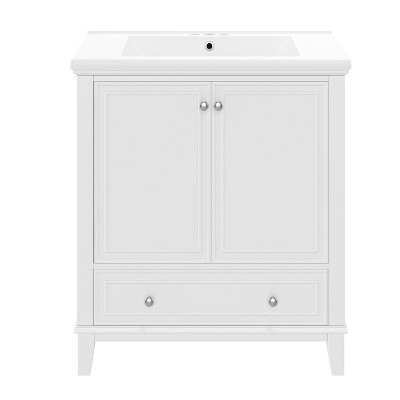 Vynxaria 30" White Bathroom Vanities Vanity Hutch with Dual Doors Divider Drawer & Shelf 34.5"H