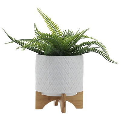 VisioGear 8" Tall Round Planter with Wooden Stand, Plant Pots for Living Room, Bedroom, White, 8"*8"*10"