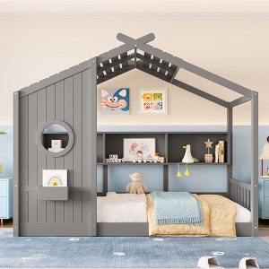 Twin/Full Size House Platform Bed Frame Toddler Floor Bed Kids Montessori Bed Playhouse Bed with Storage Shelf - ModernLuxe - 1 of 4