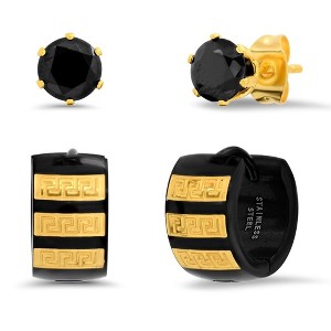 Steeltime Men's two tone black ip and 18k gold plated stainless steel simulated diamond studs and huggies set with greek key accents - 1 of 4