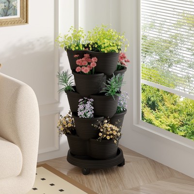 VECELO 5-Tier Vertical Garden Planter, Self Watering Stackable Planter with Wheels for Strawberries, Flowers, Vegetables, Set of 1/2