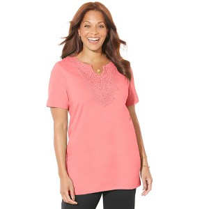 Catherines Women's Plus Size Easy Fit Embroidered Notch-Neck Tunic - 1 of 3