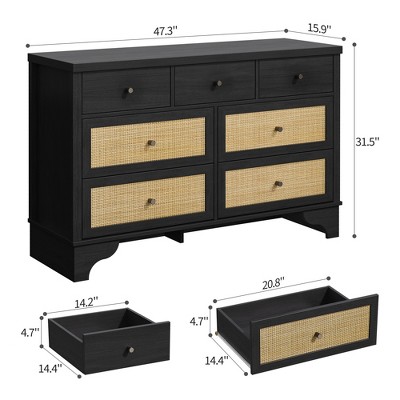 Dimensions diagram of a dark wood dresser with three small top drawers and six larger bottom drawers including measurements