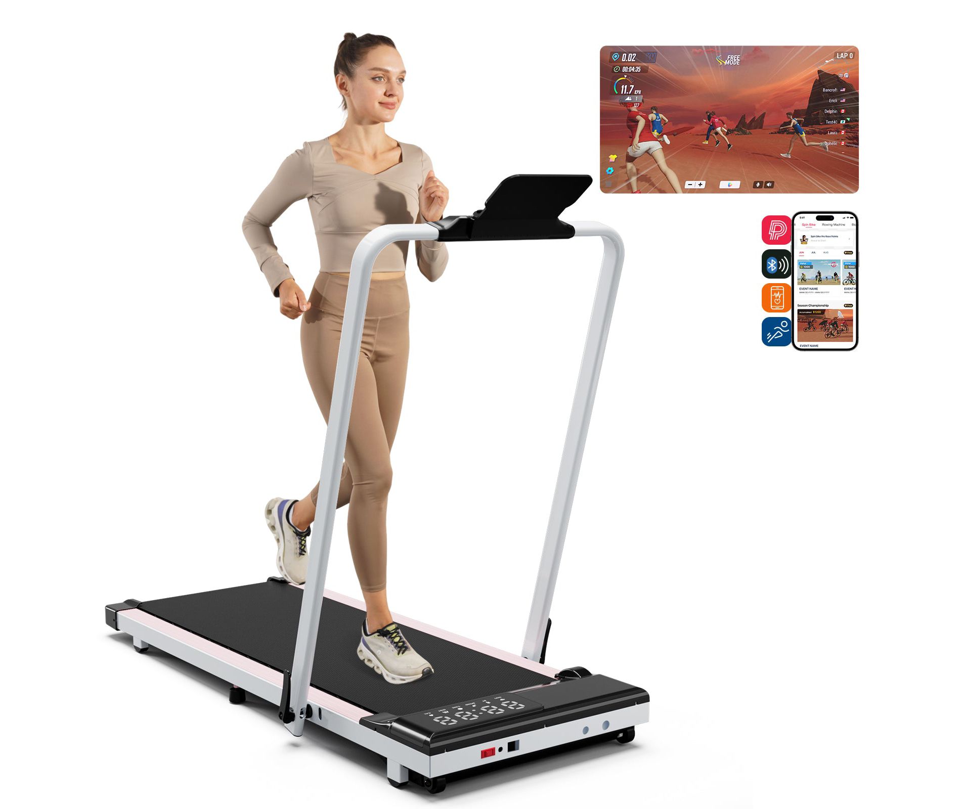SupeRun 3 in 1 Walking Pad Treadmill, 3.0HorsePower Folding Treadmills 7.5MPH Walking Pad with Handle Bar Pink 52.17X25.52X42.32