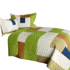 Slickblue 100% TC Fabric Full/Queen Quilt Set, Timeless Geometric Design, Green/Blue, Vermicelli Quilted, 3-Piece Set - 1 of 4