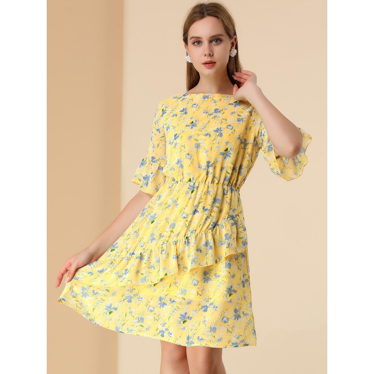 Женские платья INSPIRE CHIC Women's Floral Round Neck Short Sleeve Dress Yellow Medium — фото 3