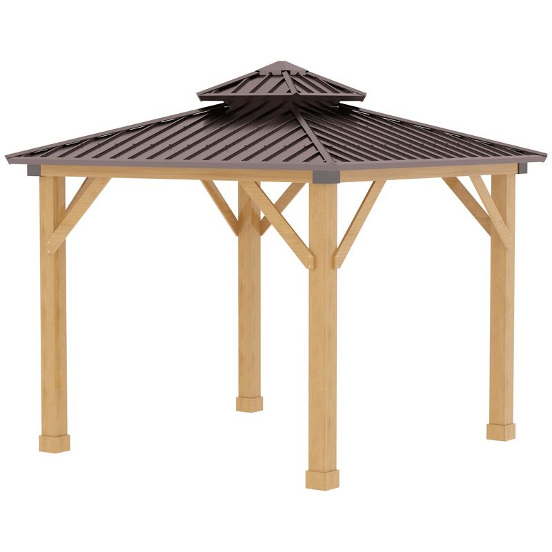 Outsunny 10x10 Hardtop Gazebo with Wooden Frame, Permanent Metal Roof Gazebo Canopy with Ceiling Light Hook for Garden, Patio, Backyard, 4 of 9