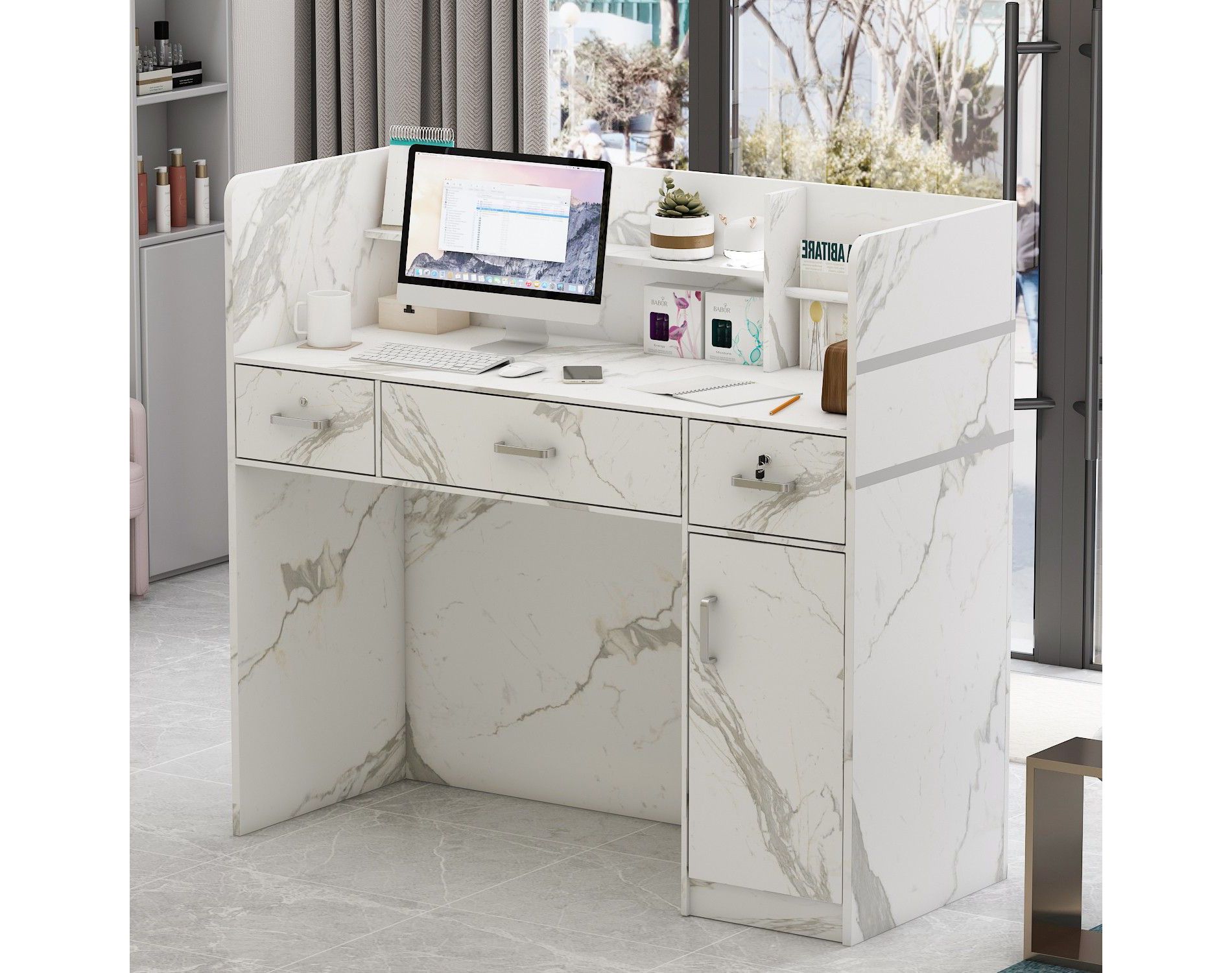 Famapy L-shaped Reception Desk Multifunctional Welcome Desk Workstation Marble White