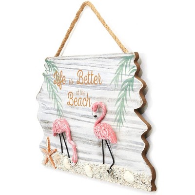 Juvale Tropical Flamingo and Beach Scene Wooden Hanging Wall Decoration