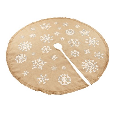 60 Inch Burlap Christmas Tree Skirt with White Snowflakes