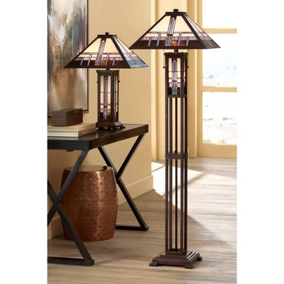 Mission Bronze 28" Table Lamp with Stained Glass Shade and Nightlight