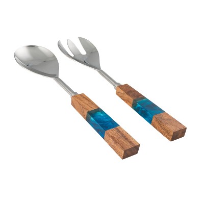 2pc Stainless Steel Salad Servers with Wood Handles Blue - Thirstystone