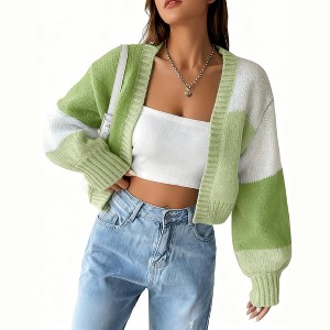 Women's Color Block Cropped Cardigan Open Front Long Sleeve Lightweight Knit Sweater - 1 of 4