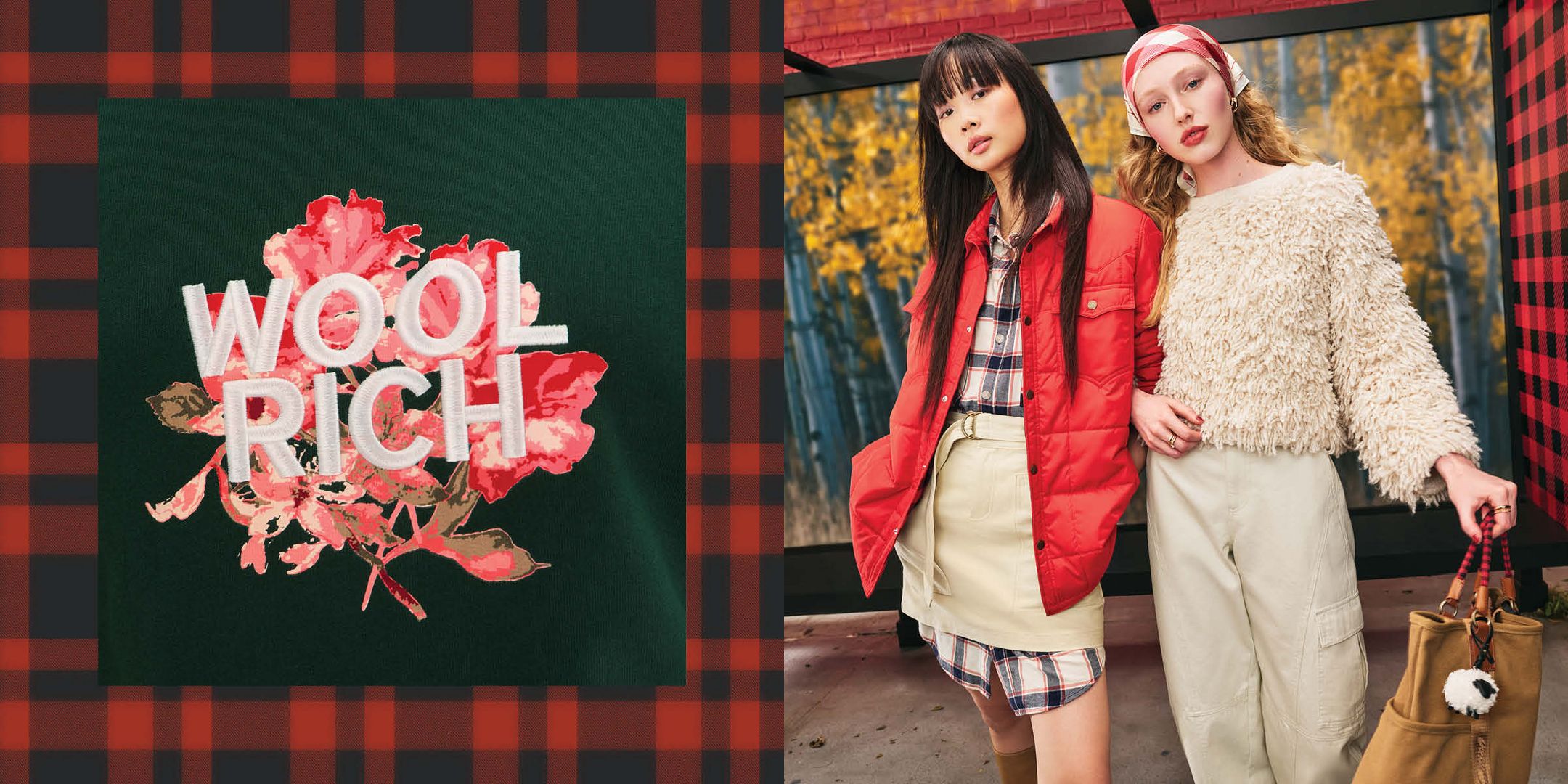 Woman in green floral graphic Woolrich logo sweatshirt with cream a-line mini wrap skirt. Woman in an oversize black & white plaid shirt with red quilted jacket and cream wrap skirt; and a woman in a cream, loopy yarn sweater with a silky red & cream buffalo check bandana and cream barrel cargo pants.