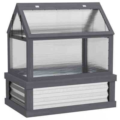 Outsunny Raised Garden Bed with Polycarbonate Greenhouse, Wooden Cold Frame Greenhouse, Garden Flower Planter Protection, 35.5"x22.5"x38.25", Gray
