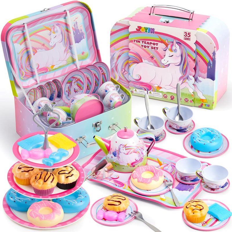 Syncfun 35Pcs Unicorn Tea Party Set for Gifts Kids Toddlers Age 3 4 5 6, Pretend Tin Teapot Set with Dessert, Doughnut, Carrying Case, 1 of 9