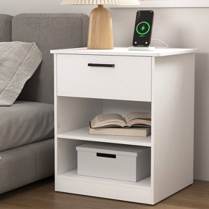 Resenkos Wood Nightstand With Charging Station, Bedside Table With Wood Drawers And Open Shelf, Night Stand With Storage For Bedroom, - 1 of 4