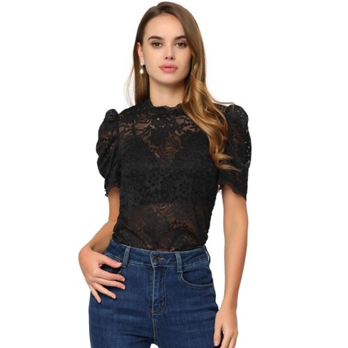 Allegra K Women's Mock Neck Puff Short Sleeves Embroidery Lace