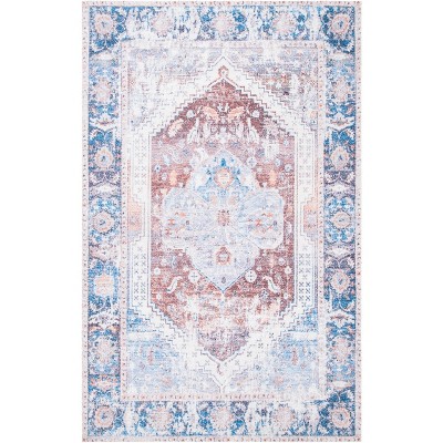 Vintage Blue and Rust Cotton Synthetic Flat Woven Rug