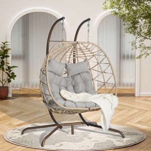 Hanging Wicker Woven 2 Person Egg Swing Chair With Cushions And Stand,Indoor Outdoor Wicker Basket Hammock Chair For Patio,Bedroom-Coolbibila - 1 of 4