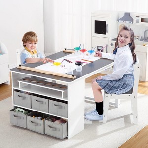 Jojoka Kids Art Table and 2 Chairs,Toddler Craft and Play Wood Activity Table with Storage Bins,Drawing Desk - 1 of 4