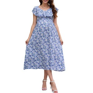 Women Maternity Casual V Neck Ruffle Cap Sleeveless Summer Boho Sundress Flowy Maxi Dress Baby Shower - 1 of 4