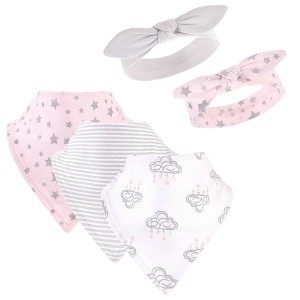 Hudson Baby Infant Girl Cotton Bib and Headband Set 5pk, Cloud Mobile Pink, One Size - 1 of 4