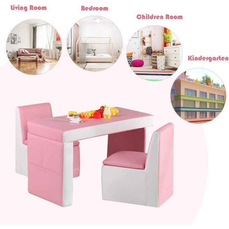 Tangkula Kids Sofa 2 in 1 Double Sofa Convert to Table and Two Chairs Toddler Lounge with Wooden Frame and PVC Surface Children Box, 4 of 11