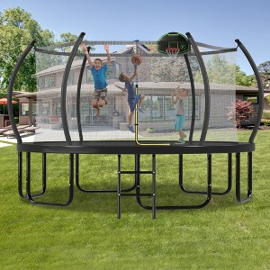 Okak 12/14/16FT Trampoline with Curved Poles and Enclosure Net, Outdoor Trampoline with Basketball Hoop and Ladder, Rebounder for Kids and Adults - 1 of 4