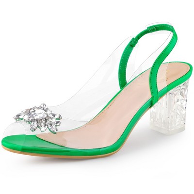 Perphy Women's Clear Slingback Rhinestone Peep Toe Block Sandal Heels