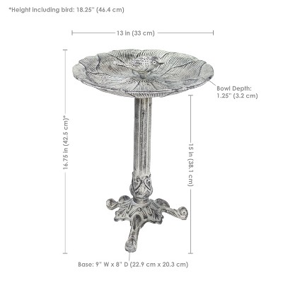 Antique Gray Cast Aluminum Bird Bath with Blossom Motif