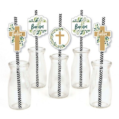 Big Dot of Happiness Baptism Elegant Cross - Paper Straw Decor - Religious Party Striped Decorative Straws - Set of 24