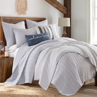 Tobago Stripe Blue Cotton Full/Queen Reversible Quilt Set
