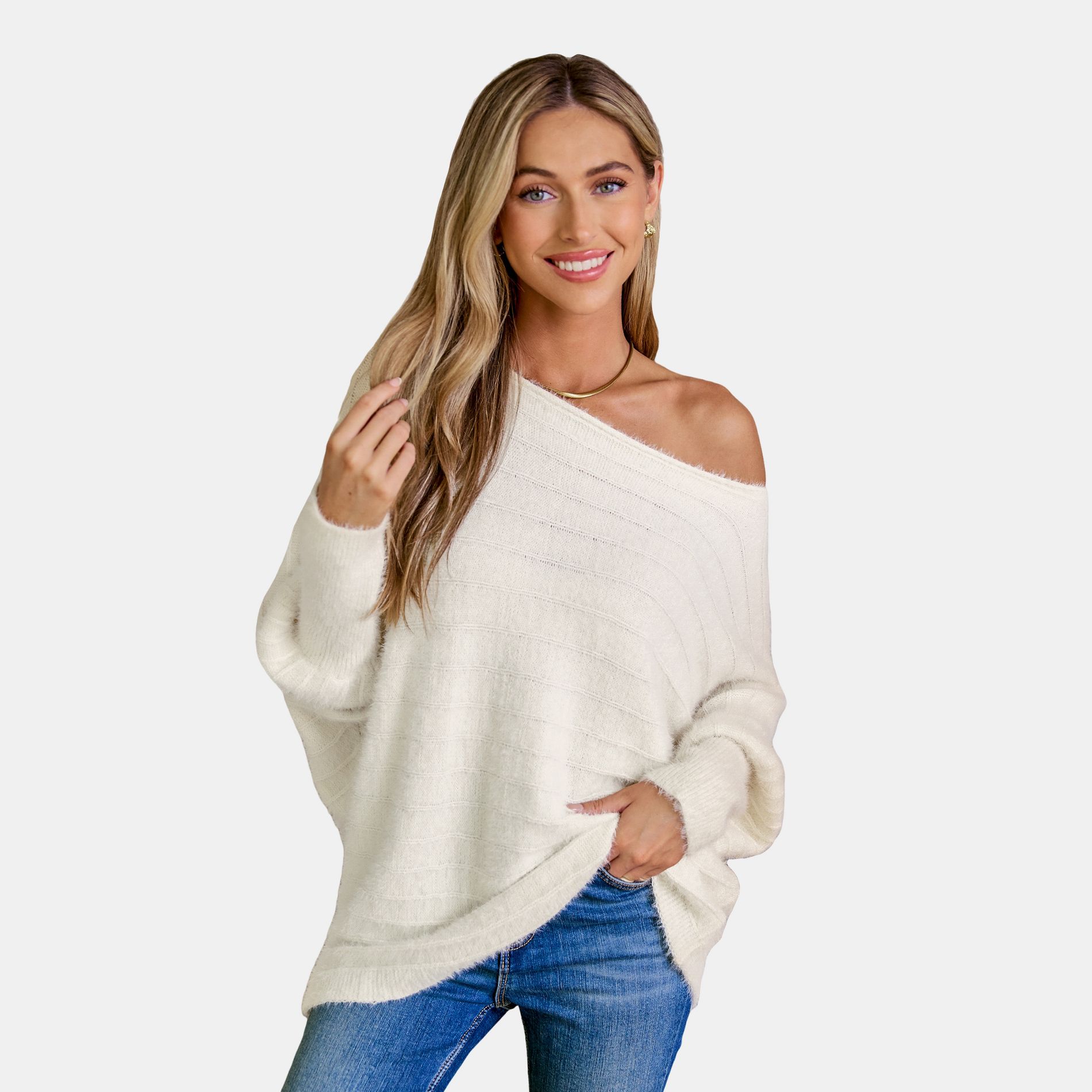 Women's Chic Soft Ribbed Knit Pullover with Batwing Sleeves Sweater - Cupshe