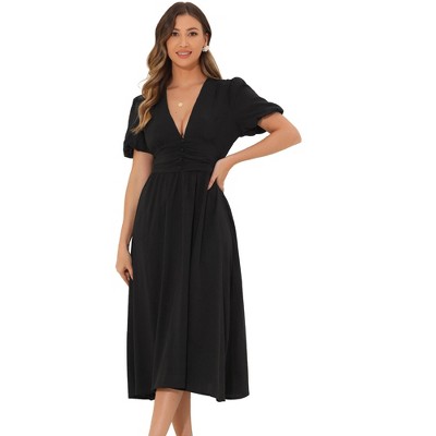 INSPIRE CHIC Women's V-Neck Flounce Short Sleeve Casual Elastic Waist Solid Elegant Maxi A-Line Dress