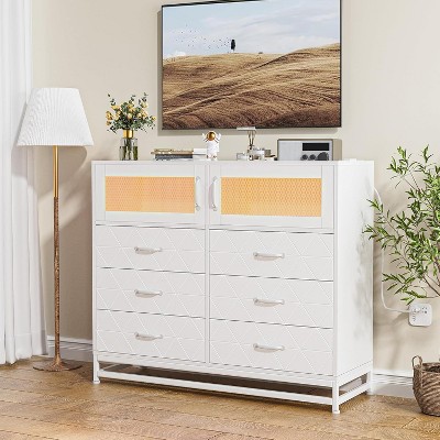 Jojoka Dresser with 6 Drawers, 2-Door Cabinet, LED Lights & Charging Station, Modern Storage Chest for Bedroom, Closet, Entryway or Living Room