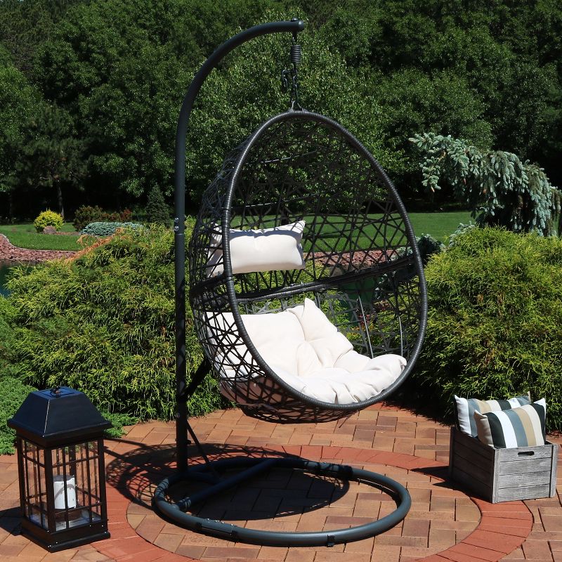 Sunnydaze Outdoor Resin Wicker Patio Caroline Lounge Hanging Basket Egg Chair Swing with Cushions and Steel Stand Set- 3pc, 3 of 12