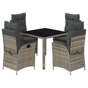 vidaXL 5 Piece Patio Dining Set - Outdoor Poly Rattan Garden Furniture with Cushions, Adjustable Reclining Chairs, Square Glass Table, Gray - 1 of 4