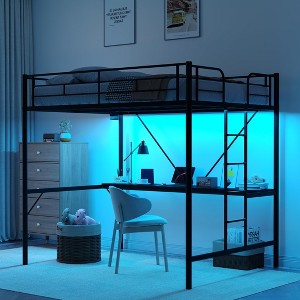 VINGLI Twin Metal Loft Bunk Bed Frame with Desk Underneath,2 Charging Station,LED Lights,Safety Guardrail and Stair,No Box Spring Needed,Black - 1 of 4