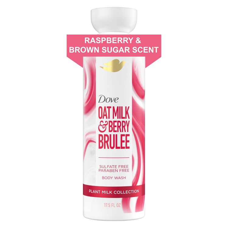 White and pink colored bottle of Dove Oat Milk & Berry Brulee body wash with "Raspberry & Brown Sugar Scent" label, 17.5 fl oz.