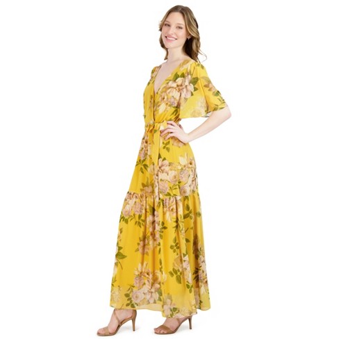Dr Collection - Floral Flutter Sleeve Maxi Dress - Yellow Multi, Size ...