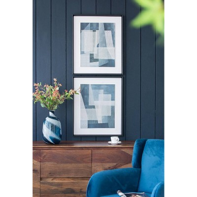 Set of 2 Blue Geometric Abstract Canvas Prints with Black Frames