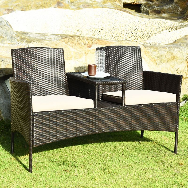 Costway Patented Patio Rattan Conversation Set Loveseat Sofa Cushioned Coffee Table Mix Brown, 4 of 13